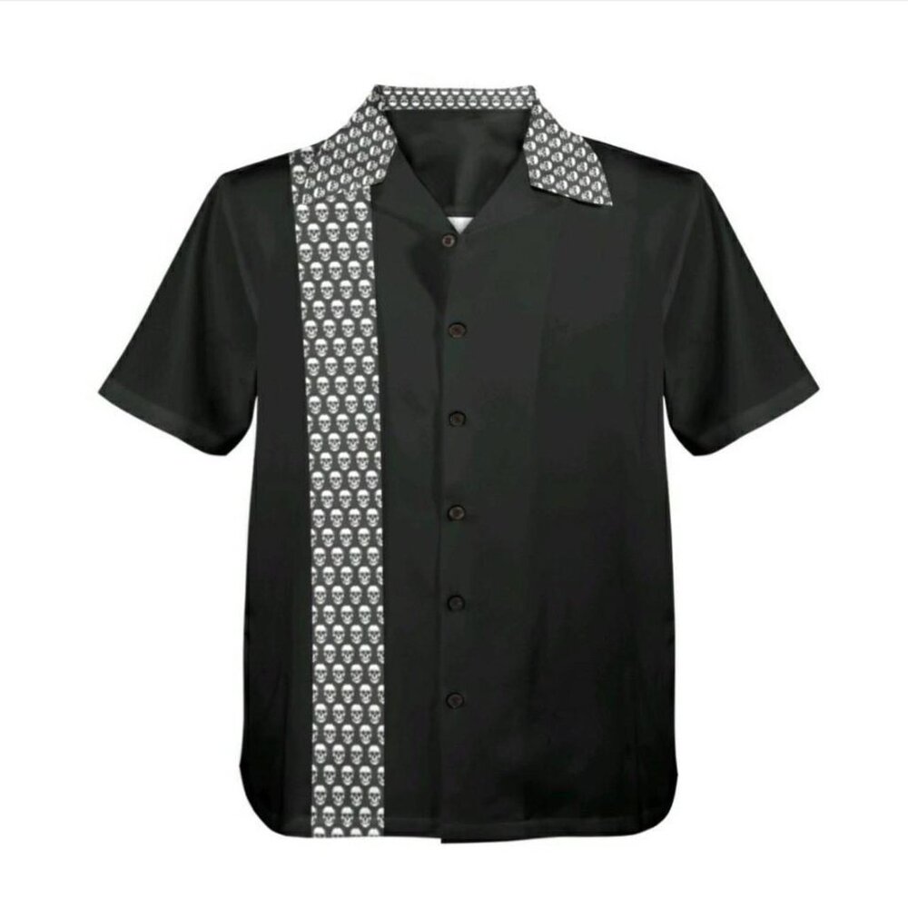 Halloween Bowling Shirt Black with skull pattern detail, rockabilly, 1950s style
